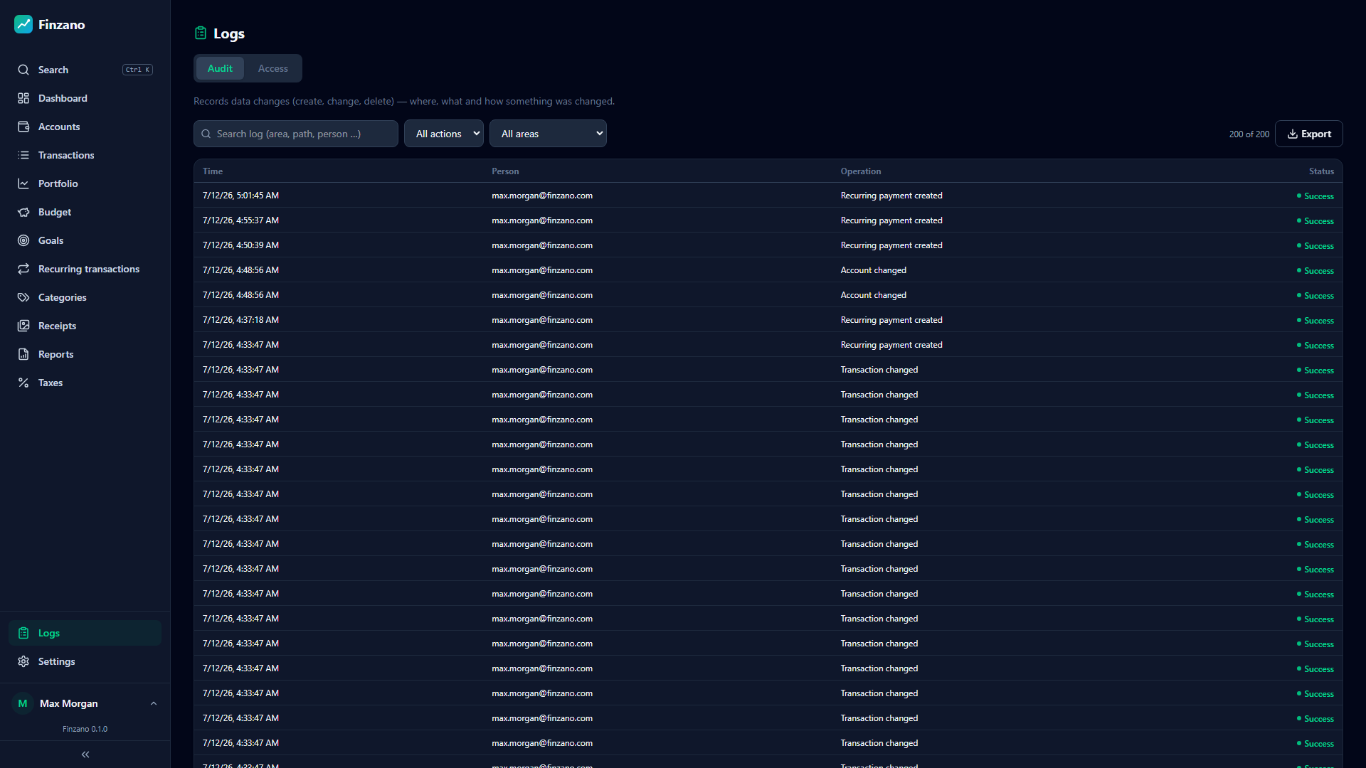 Finzano — Audit log